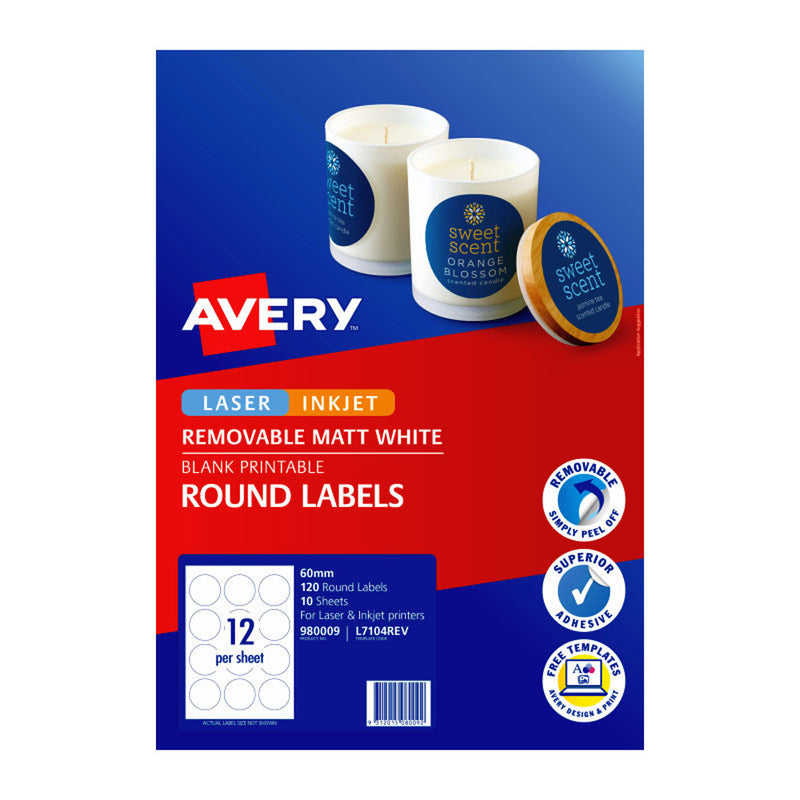 Avery Round Étiquettes 60 mm 12up 10pk