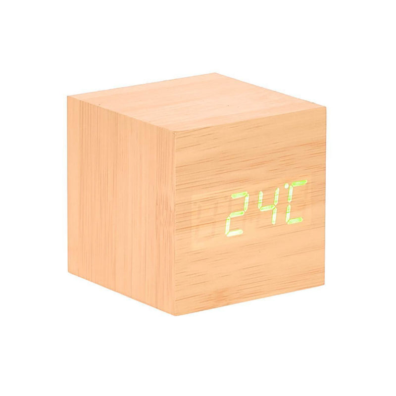 LED houten kubus bureau klok met temp/ datumdisplay