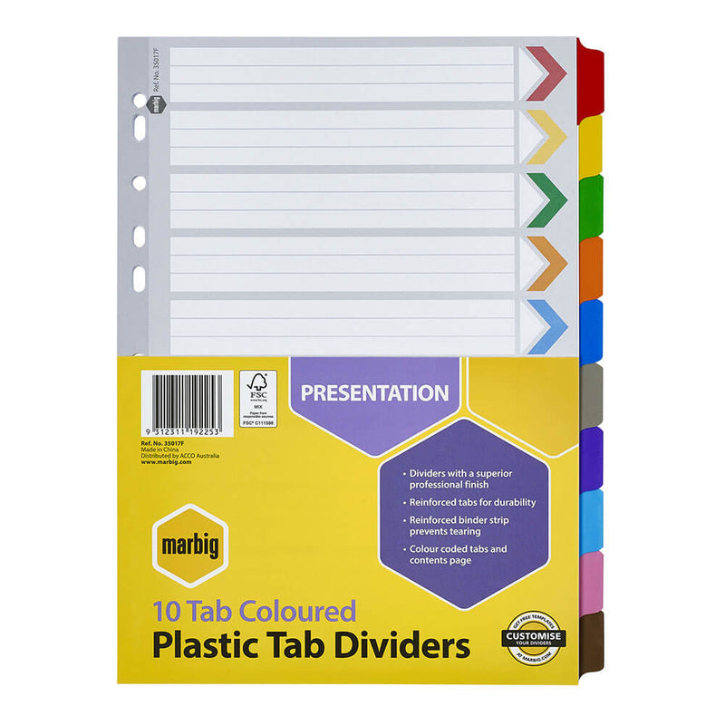 Marbig Manilla Plastic Tab Dividers A4 (gekleurd)