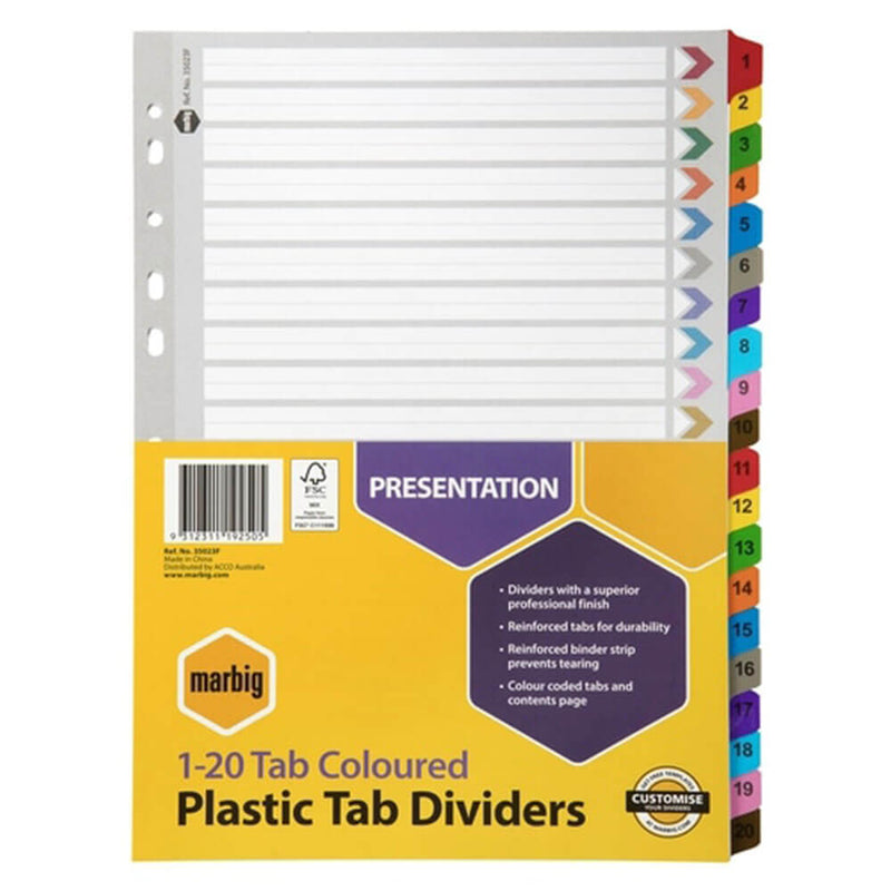 Marbig Manilla Plastic Tab Dividers A4 (gekleurd)