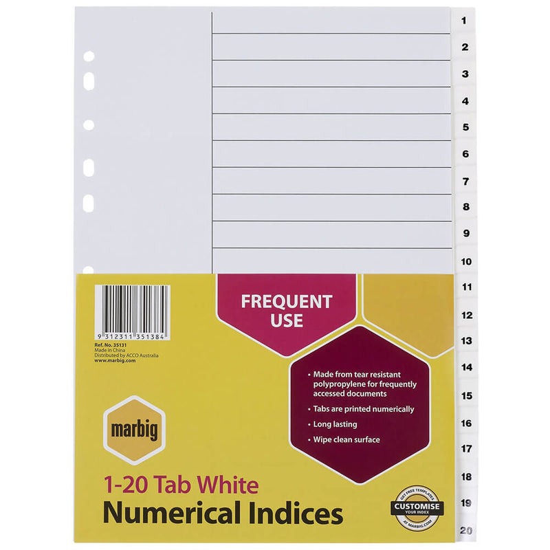 Index et intercalaires numériques Marbig A4 (Blanc)