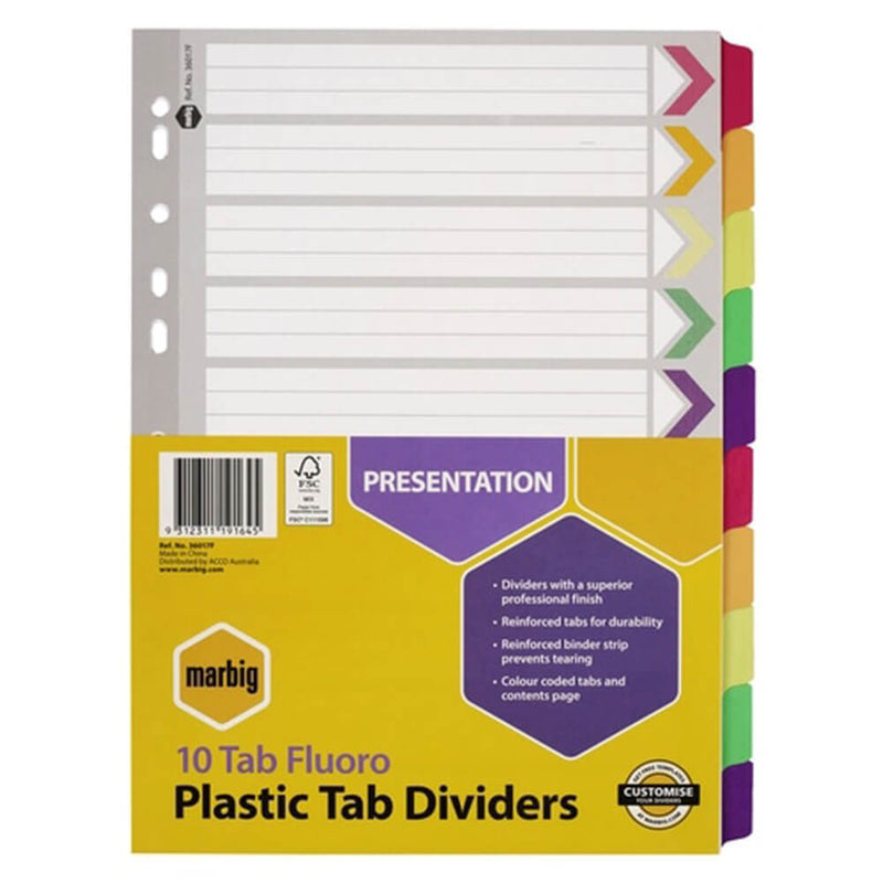 Marbig Manilla Plastic Tab Dividers A4 (Fluor)